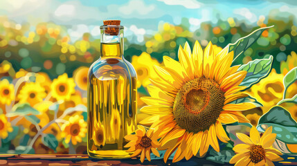 Sunflower oil in a clear glass bottle, surrounded by blooming sunflowers during a golden sunset.