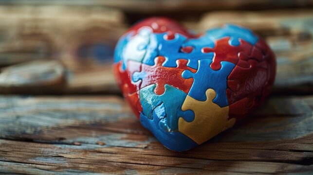 On World Autism Awareness Day the mental health care theme is symbolized by a heart adorned with a puzzle or jigsaw pattern