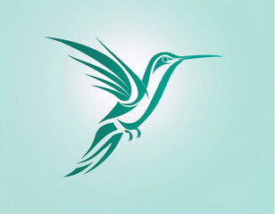 Simple logo design of a hummingbird of a vector graphic using simple shapes and lines in a minimalistic on a white turquoise background.