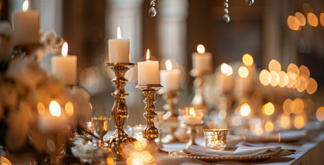 luxurious wedding decor, luxurious gold candelabras and satin tablecloths create a romantic wedding setting, providing elegant decor inspiration for the special day