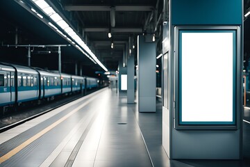 Obraz premium Blank advertising mockup board for advertisement at the train platform or A mockup poster stands within a train station