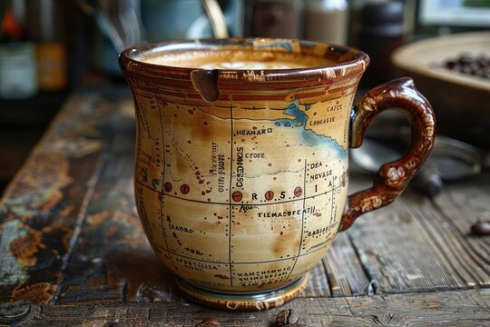 Coffee cup with a timeline of coffee history painted on the side, educational and inviting, side angle