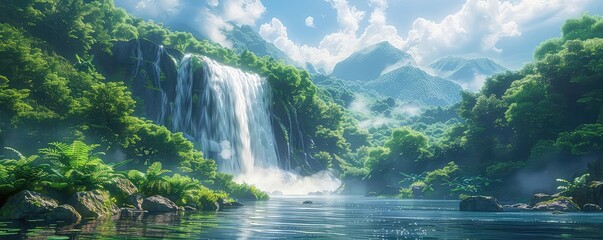 Concept art of a hidden waterfall adventure, lush greenery, hidden path leading to a secret pool, dawn light, wide angle