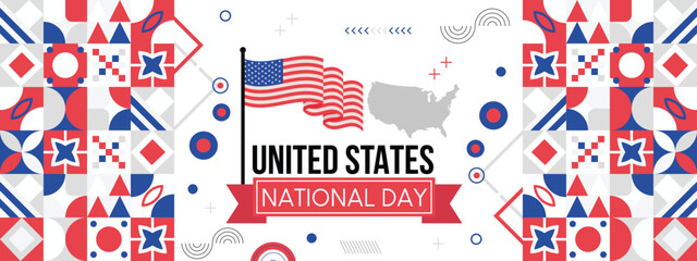 Flag and map of United States, National day or Independence day design for Counrty celebration. Modern retro design with abstract icons. Vector illustration.