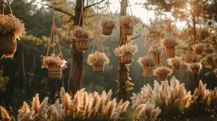 bohemian wedding decor, for a romantic forest elopement, adorn the trees with dried pampas grass and woven baskets for a bohemian touch in the dcor