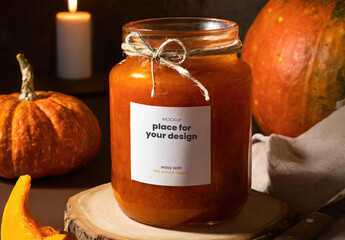 Home made pumpkin Jam Jelly Jar Label Mockup 03 Gerenative Ai - Powered by Adobe