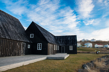 Old buildings at the port of Hofsos in Skagafjordur in Iceland