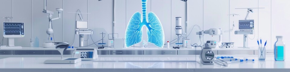 3D hologram of lungs in blue floating above glossy white table, surrounded by medical instruments, set in a clean, spacious, minimalist white operating room, modern in design