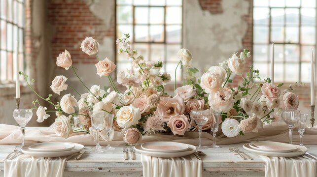 minimalist wedding decor, blush pink and ivory hues create a minimalist and romantic ambiance for a loft wedding with a soft color palette