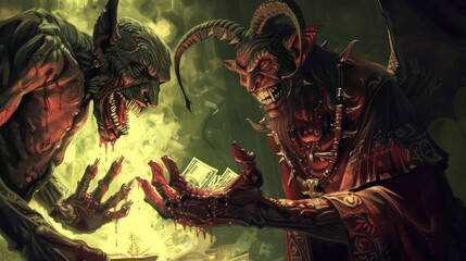horrible demon offering money to a man with his back turned in high resolution