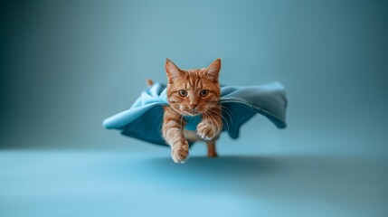 Dynamic and playful image of an orange tabby cat in mid-leap with a blue cape