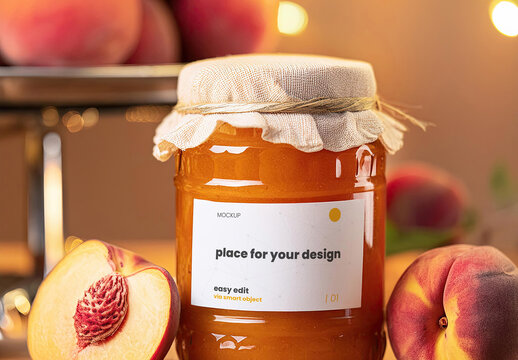 Home made Peach Jam Jelly Jar Label Mockup 03 Gerenative Ai