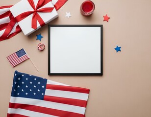 Obraz premium American flag and empty frame for text Independence Memorial Day Concept 
