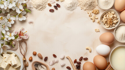 Baking ingredients: eggs, flour, milk, vanilla, raisins, nuts, sugar, butter - laid out on a light background with flowers, with space for text