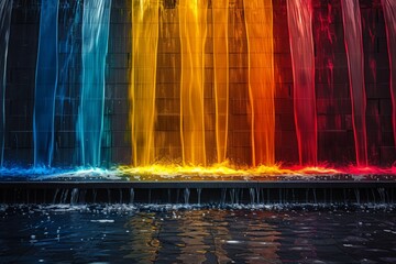 Naklejka premium A vivid display of water jets illuminated with rainbow colors against a dark background at nighttime