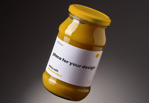 Floating Mustard jar label mockup dark background 03 Generative Ai