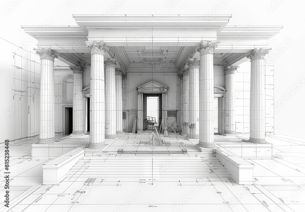 Aufkleber wireframe rendering of a contemporary house with technical details