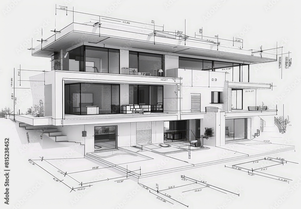 Poster Wireframe rendering of a contemporary house with technical details