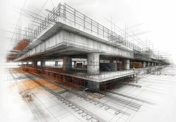 Industrial construction, wireframe rendering, technical illustration