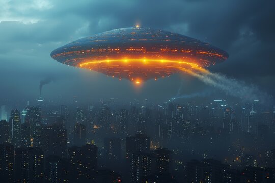 An imaginative depiction of a massive UFO hovering above a futuristic cityscape under the night sky - Powered by Adobe