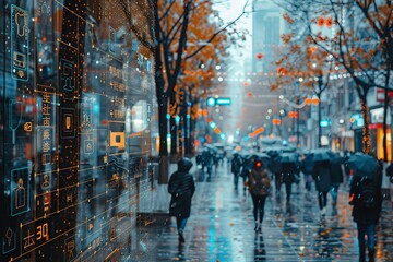 A cyberpunk-inspired cityscape merging with a rainy urban street, hinting at futuristic themes