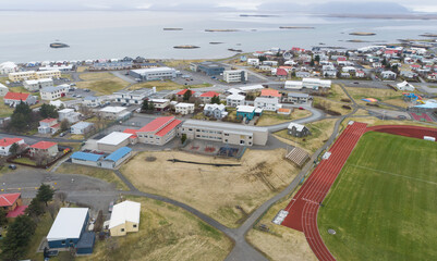 Aerial view of town of Hofn in hornafjordur in Iceland