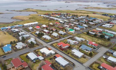 Aerial view of town of Hofn in hornafjordur in Iceland