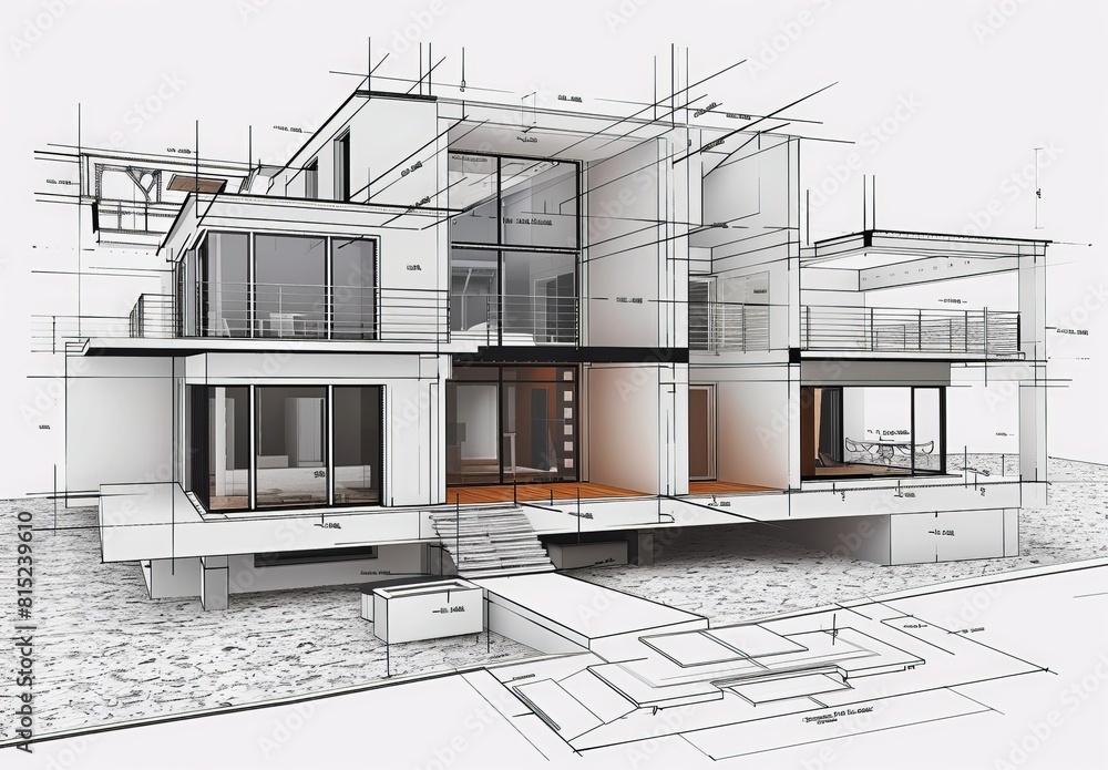 Poster Wireframe rendering of a contemporary house with technical details