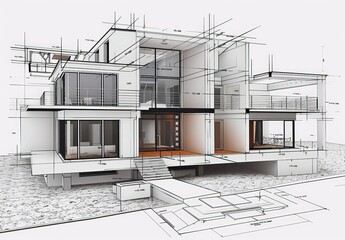 Wireframe rendering of a contemporary house with technical details