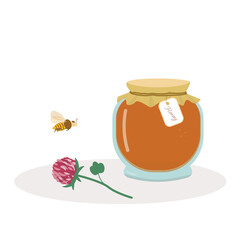 Honey in glass jars and bee in hand drawing style