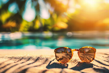 Sunglasses with reflection on the sand near the swimming pool.