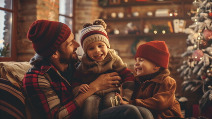 Obraz premium Man and Two Children Sitting on Couch in Front of Christmas Tree