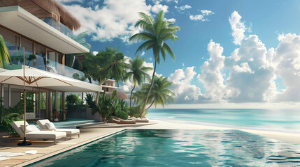 Fototapeta premium Modern Beach House With Pool and Lounge Chairs