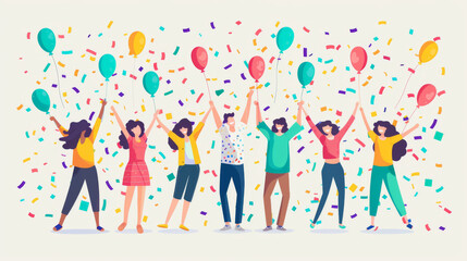 Illustration of diverse group of people joyfully celebrating with balloons, confetti, and colorful streamers.