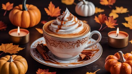 Autumn Spiced Latte with Whipped Cream Surrounded by Pumpkins and Candles on Festive Table.