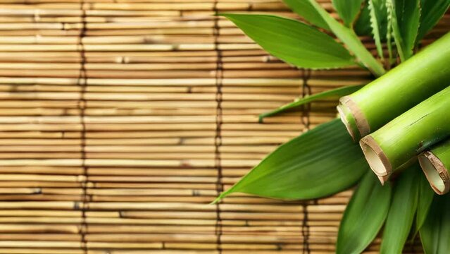 Fresh bamboo shoots with leaves on mat