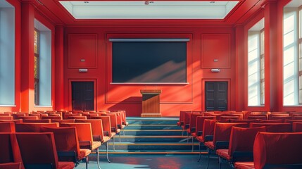 modern, minimalist university lecture hall featuring rows of chairs and a podium academic education concept banner illustrating contemporary interior design
