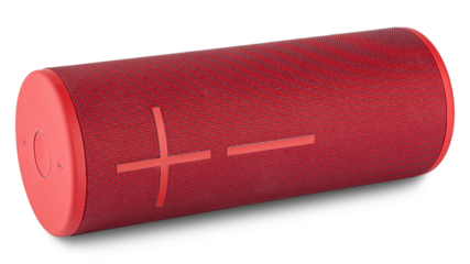 Sound bluetooth speaker. Round red cylinder outside loudspeaker. Outdoor boombox for sound of music. Portable electronic for radio. Volume control for musical sound. Mobile amplifier. White isolated.