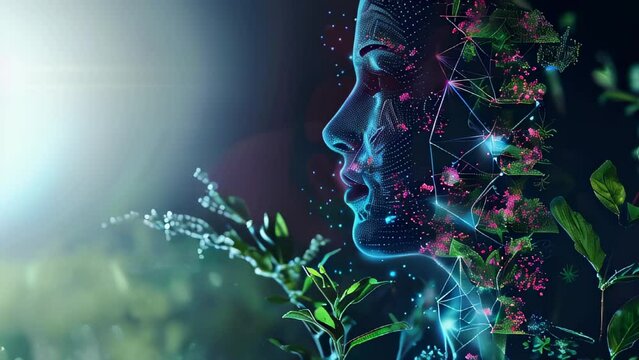 Human face with nature elements, implying technology and environment fusion
