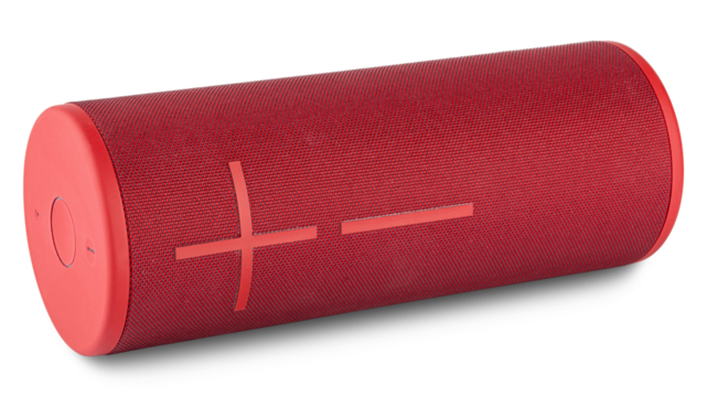 Sound bluetooth speaker. Round red cylinder outside loudspeaker. Outdoor boombox for sound of music. Portable electronic for radio. Volume control for musical sound. Mobile amplifier. White isolated.