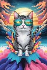 Stylish Cat in Sunglasses Meditates Amidst Vibrant Clouds and Tropical Flowers.