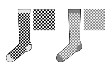 Chessboard Skater socks set with pattern swatches. Ankle length hosiery Fashion accessory clothing technical illustration stocking. Vector side view for Men, women, unisex style, flat template mockup