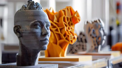 3D printed bust of person with background assorted objects