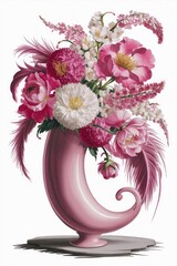 Obraz premium Elegant Floral Arrangement in Pastel Pink Horn Vase Overflowing with Lush Flowers.