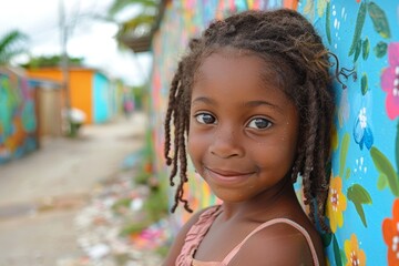 childhood creativity, a proud little girl smiles in front of her own vibrant mural, her eyes filled with joy and pride in her accomplishment