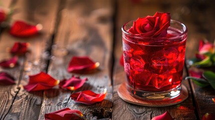 Enjoy a delicious and refreshing red cocktail garnished with a red rose and delicate petals served on a rustic wooden table evoking a romantic and Valentine s Day ambiance