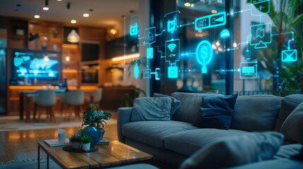 A cozy living room equipped with advanced smart home technology visualized through digital overlays.