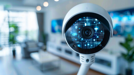A white security camera with digital interface overlays monitoring a stylish, contemporary living room.