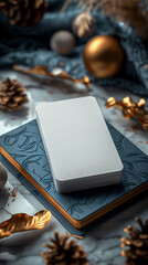A solitary white card resting elegantly on a vibrant blue table, creating a serene and minimalist composition