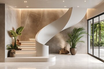 Interior design of modern entrance hall with staircase in villa, high resolution 